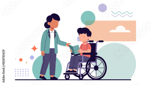 Inclusive Education Concept – Teacher Assisting Student in Wheelchair with Book