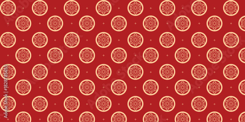 Seamless festive pattern with circular golden snowflake emblems and tiny star accents on a rich red background, perfect for Christmas wrapping paper, luxury packaging, greeting cards and elegant holid