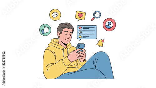 Young man enjoying digital communication and social media on his smartphone