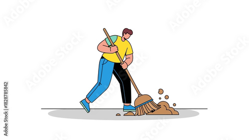 Person sweeping dirt with broom, maintenance and cleaning services