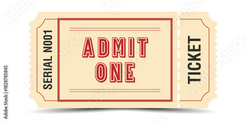 Vintage Admit One Ticket in Beige and Red with Serial Number, Perforated Stub, and Classic Typography – Retro Event Ticket Design for Concerts, Festivals, Carnivals, Shows, Raffles, and Entry Passes