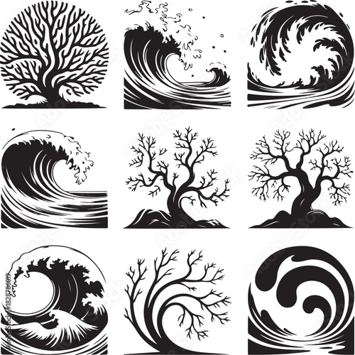 Black and White Vector Set of Trees and Waves for Design