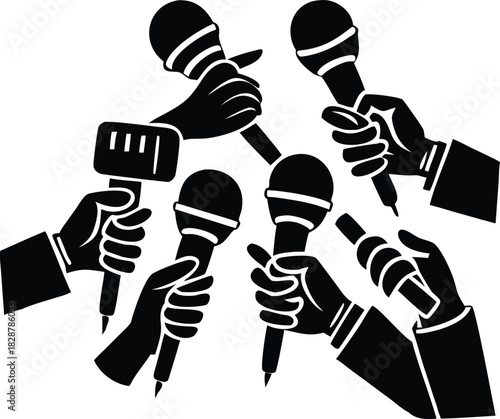 Press Conference Frenzy: Hands Holding Microphones in a Media Scramble Black and White Vector Graphic