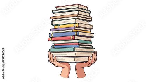 A pair of hands carefully holds a tall stack of colorful books, representing knowledge and learning