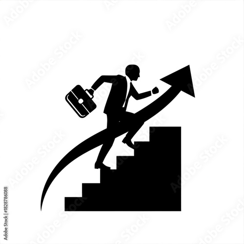 Business Ascent: A silhouette of a determined individual, briefcase in hand, strides confidently up a flight of stairs superimposed on a rising arrow.