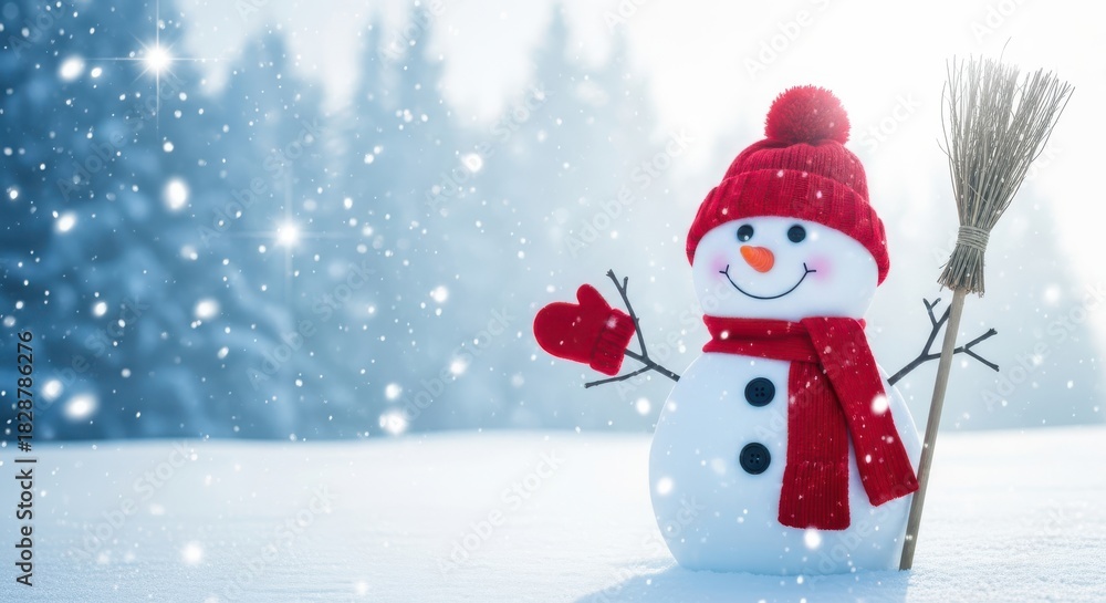 Fototapeta premium Merry christmas and happy new year greeting card with copy-space.Happy snowman standing in christmas landscape.Snow background.Winter fairytale.
