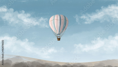 Whimsical Journey Pastel Hot Air Balloon Drifting Over a Muted Landscape on a Bright Day