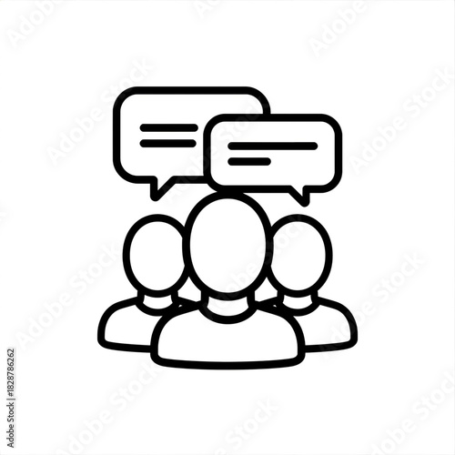 Discussion in Community: Line art depicts a group of anonymous individuals engaged in communication, their thought bubbles indicating active dialogue and idea sharing.