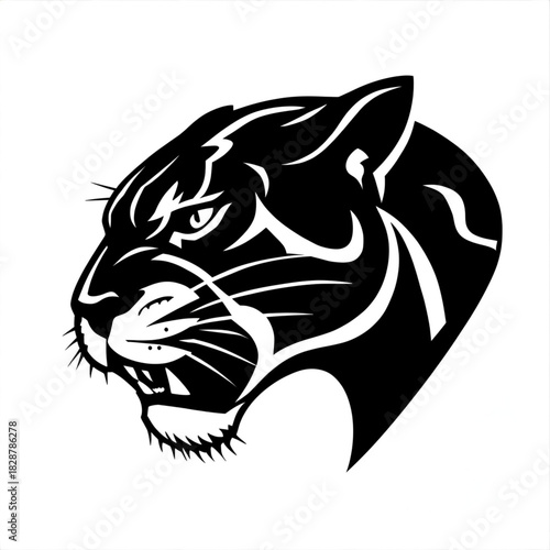 Powerful Panther Silhouette: A striking black and white silhouette of a panther's fierce face, showcasing its intense gaze and powerful features.