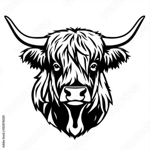 Highland Cattle Head: A striking monochrome illustration of a Highland cow head, its long, shaggy coat and impressive horns commanding attention. A symbol of rugged beauty and rural charm.