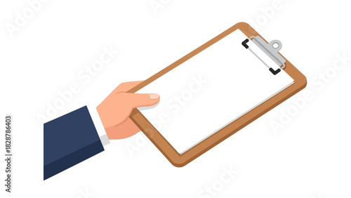 Businessman's hand holding a blank wooden clipboard with empty white paper for notes or a checklist. Vector graphic isolated on white