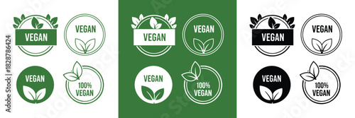 Set of vector vegan food and product labels designed for packaging, websites, and marketing materials, promoting plant-based and cruelty-free lifestyles.