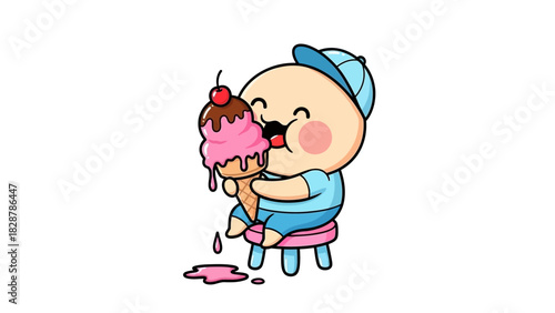 Adorable Cartoon Character Enjoying a Large Ice Cream Cone, Sweet Summer Treat Concept