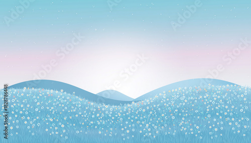 Floral Landscape Gentle blue hills covered in white flowers with a serene sky