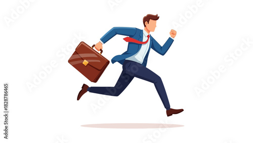 Illustration of a businessman in a suit rushing forward with a briefcase, conveying a sense of speed and urgency in the corporate world