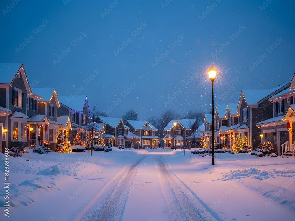 Naklejka premium Snowy street with houses and illuminated street lights at dusk