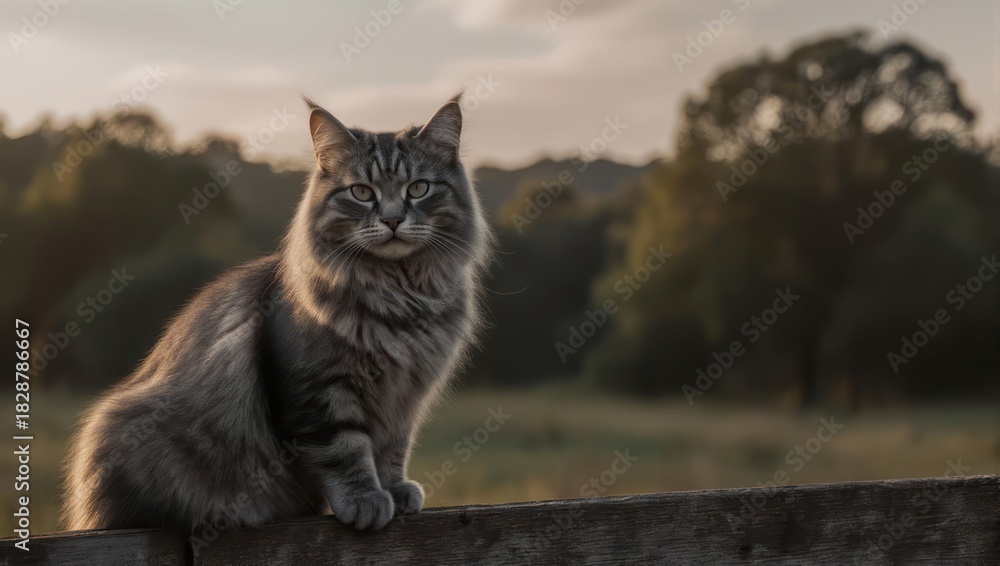Fototapeta premium Majestic Tabby Cat Perched at Sunset - A Serene Outdoor Portrait.