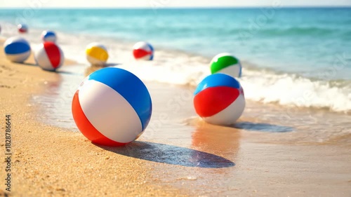 Colorful beach balls scattered on the sand at the edge of the sparkling blue ocean waves during a bright sunny summer day