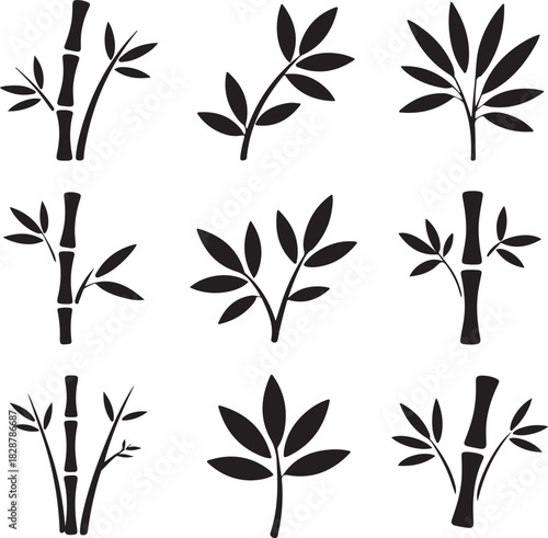 Black silhouettes of bamboo stems and leaves in various arrangements