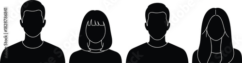 Silhouette portraits, diverse hairstyles, black outline, identity concept, minimal design, anonymous figures, profile icons, head shapes, people busts