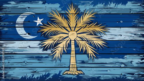 Very beautiful South Carolina state flag illustrated on weathered wooden planks, featuring a stylized palmetto and crescent symbol with rustic textures, soft shadows, and a clean, non-distressed