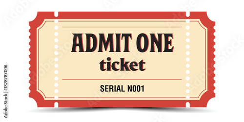 Vintage Admit One Ticket in Beige and Red with Perforated Border, Retro Typography, and Serial Number – Classic Event Ticket Illustration for Concerts, Carnivals, Festivals, Shows, and Entry Pass Grap