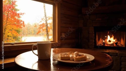 Cozy cabin morning with warm drinks and pastries. Rain falls outside, creating serene atmosphere. Autumn colors enhance comfort of modern rustic retreat. Enjoy peaceful moments.