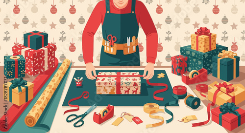 Artistic depiction of a person wrapping christmas gifts presents with festive decorations