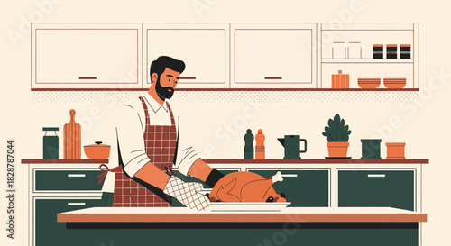 Bearded chef prepares roasted turkey in kitchen, featuring modern minimalist design and neutral