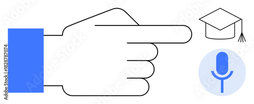 Outlined hand pointing at graduation cap and microphone icon. Ideal for education, e-learning, voice technology, guidance, communication, instruction, digital learning. Simple flat metaphor