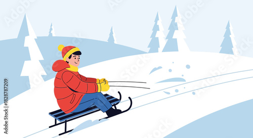 Cheerful boy enjoying a winter sledding adventure through snow-covered hills near frosted trees