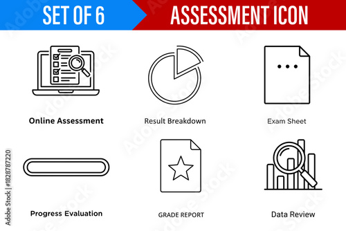 Illustration of six assessment icons representing online exams data review and progress evaluation tools
