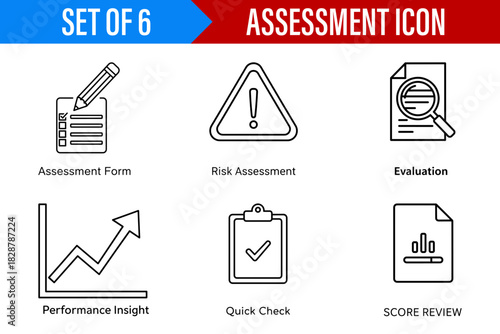 Illustration of six assessment icons including form risk evaluation performance check and score review