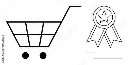 Shopping cart and star badge with ribbons emphasizing online shopping, product quality, and service recognition. Ideal for e-commerce, retail, customer satisfaction, branding, approvals, success
