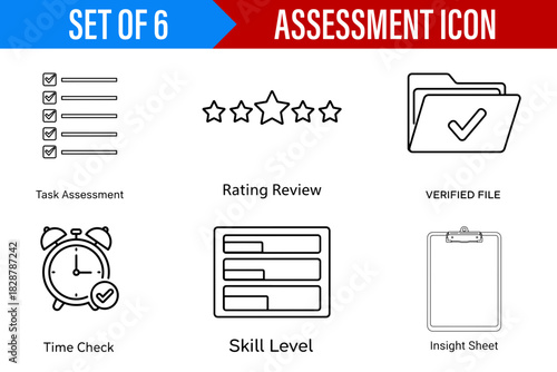 Illustration showing six different assessment icons including checklist stars folder clock and clipboard