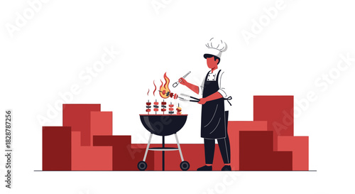 Chef grilling skewers at outdoor barbecue against architectural backdrop illustration