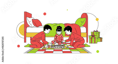 Children's playful moment: Sibling bonding over a board game in a cozy bedroom illustration