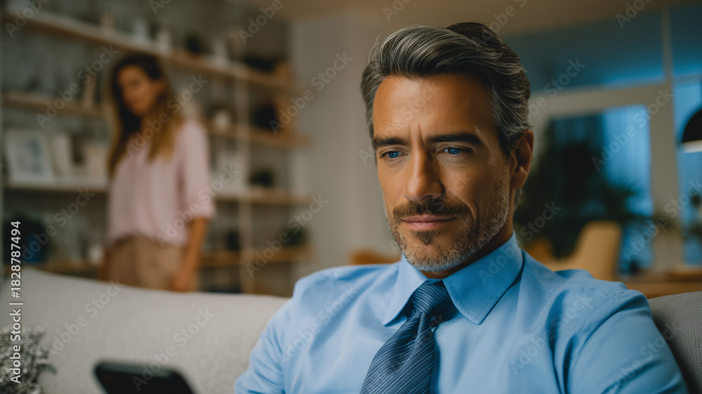 Fototapeta premium A man in a blue shirt and tie sitting on the sofa with an iphone, a woman walking. Ai generated