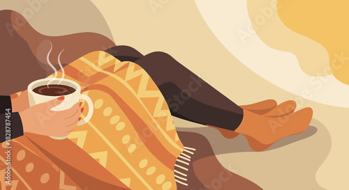 Cozy autumn afternoon concept depicting relaxation with coffee and a blanket in warm neutral tones