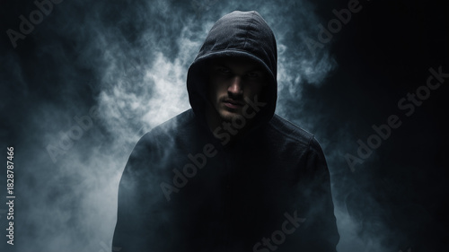 A man in a black hoodie with the hood up, standing against a dark background, surrounded by smoke and mist. Ai generated