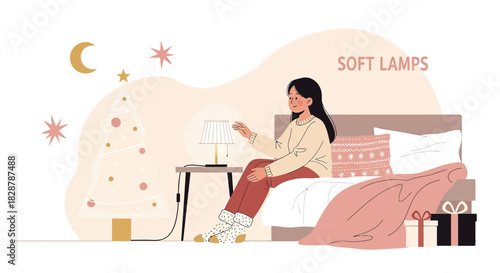 Cozy bedroom scene with woman, tree, gentle lighting and holiday gifts for decoration