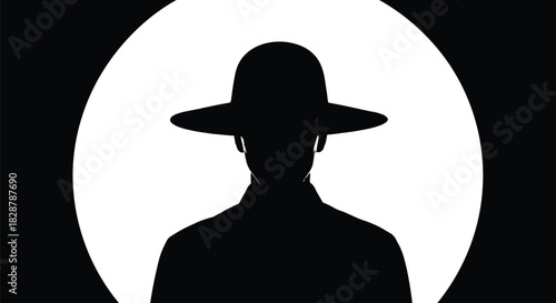 Silhouette with hat, dramatic contrast, identity mystery, black and white, spotlight effect, minimal design, anonymous figure, profile art