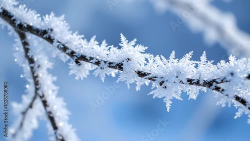 Delicate frost crystals form intricate patterns on a tree branch on a clear winter day