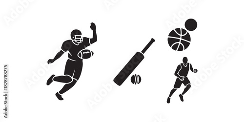 Collection of Sport Silhouette Illustration Vector Featuring American Football Cricket Basketball