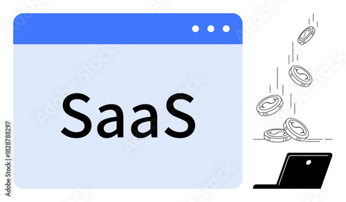 Browser window displaying SaaS, coins dropping into an open laptop, signifying income flow. Ideal for software pricing, cloud business, subscription model, innovation, e-commerce, remote work simple