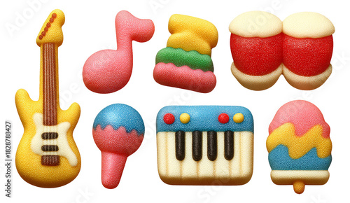 Colorful 3D Illustration of Musical Instruments and Soft Candy Treats