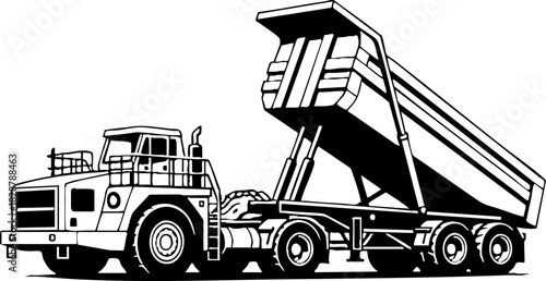 Industrial Haul Dump Truck Raising Trailer Bed Vector Graphic