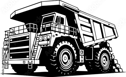 Heavy duty off road haul truck black and white vector drawing