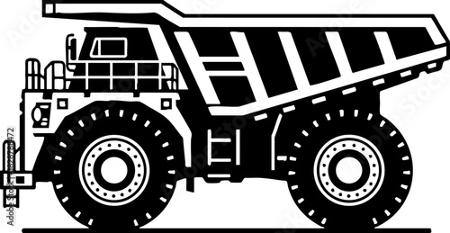 Black and white mining dump truck heavy machinery vector icon.