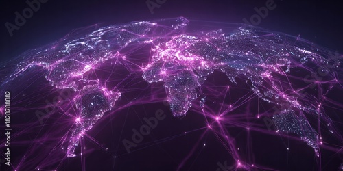 Glowing global network connects cities with bright purple lines.